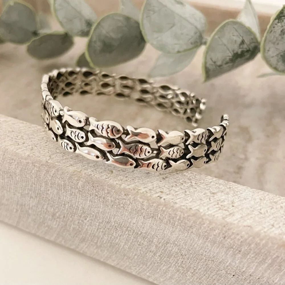 925 Sterling Silver Cuff Bracelet School of Fish Bracelet Modern Silver Bangle - Picture 3 of 9